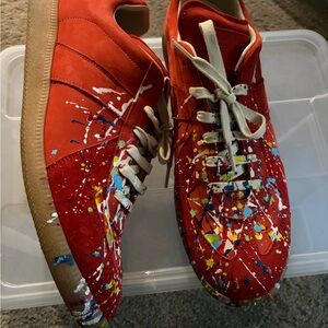 Maison Martin Margiela Red Paint-Splatter Low-Top Sneakers
